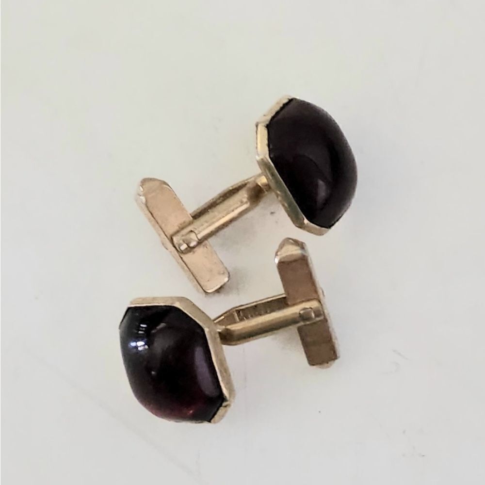 Swank men's cuff links gold color metal dark red stone